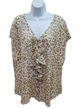 NEW! Relativity Beige Leopard Print Ruffle V-Neck Blouse,  3X